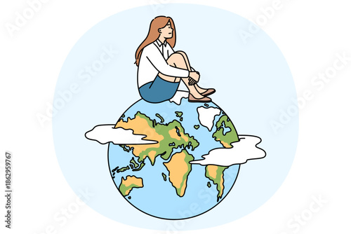 Woman is thinking about emigration and moving to another country to get better career prospects, sitting on globe. Thoughtful businesswoman wants to become expat and go into emigration