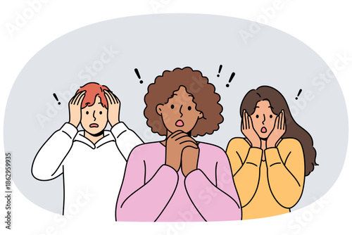 Frightened people feel fear after warnings of approaching storm or financial crisis causing mass layoffs. Multiethnic women and man with frightened grimaces experiencing shock and panic due to phobia