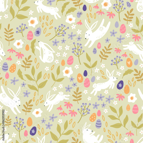 Cute hand drawn Easter horizontal seamless pattern with bunnies, flowers, easter eggs, beautiful background, great for Easter Cards, banner, textiles, wallpapers - vector design © TALVA