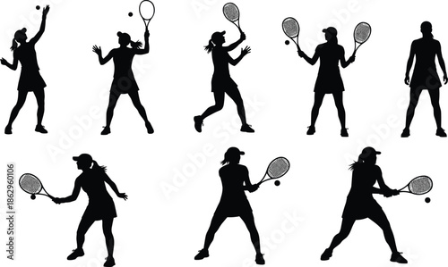 Collection of female tennis player silhouettes in various action poses, woman athlete hitting ball with racket isolated on white background for sports design, vector.