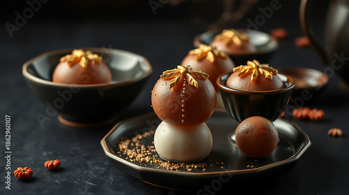 Delicious chocolate candies in bowls on table, closeup. Delicious dessert