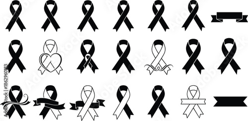 black ribbon awareness memorial cancer mourning support charity symbol vector silhouette illustration design