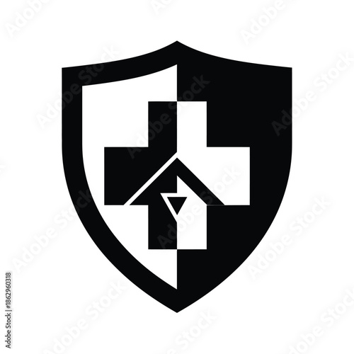 Black shield with white medical cross and house