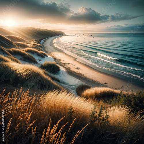 Golden Coastal Landscape with Sand Dunes, Ocean Waves and Dramatic Sunset Sky
