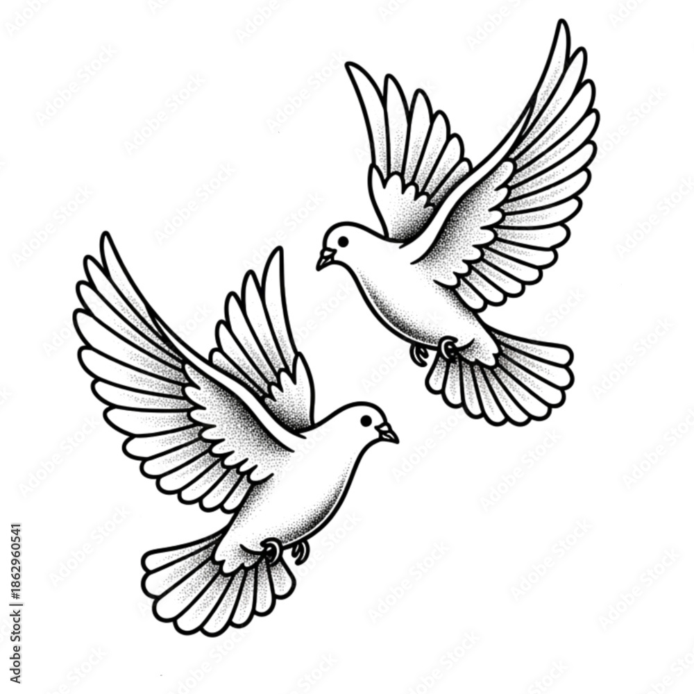 Obraz premium Soaring Purity: Two doves in flight, symbols of peace and serenity, their wings spread gracefully against the backdrop of the sky. 