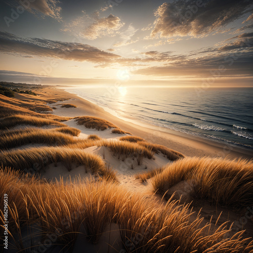 Golden Coastal Landscape with Sand Dunes, Ocean Waves and Dramatic Sunset Sky