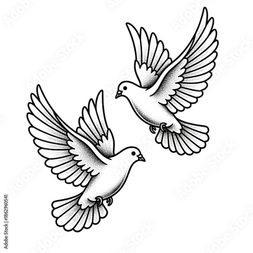 Soaring Purity: Two doves in flight, symbols of peace and serenity, their wings spread gracefully against the backdrop of the sky. 