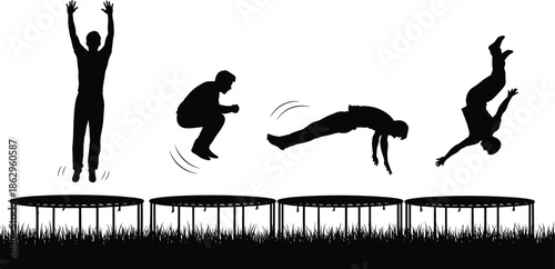Collection of male silhouettes jumping on trampolines in various acrobatic poses, athletic men performing flips and jumps isolated on white background for sports design.