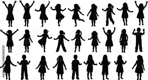 Collection of happy children silhouettes jumping and playing, diverse group of kids figures in various poses isolated on white background for graphic design, vector.