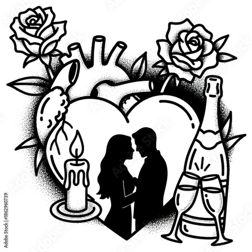 Endearing Embrace of Love: An emotive artistic expression that captures a couple's passionate embrace amid a symphony of romantic symbols. The silhouette embodies the tender connection.