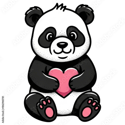 Cute Panda with Heart: A charming cartoon panda sits holding a pink heart, symbolizing love and affection in a simple, friendly design.