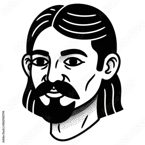 Classic Bearded Portrait: A classic black and white illustration of a man with a long beard and hair