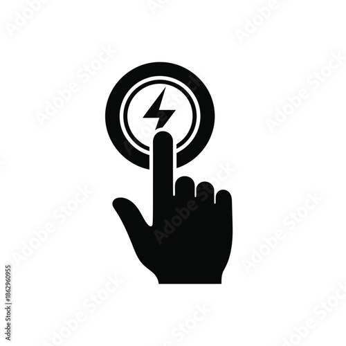 Black silhouette hand pressing power button with lightning bolt