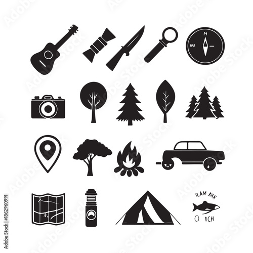 Outdoor Adventure Icon Set Camping, Nature, Travel Tools, and Gear Symbols