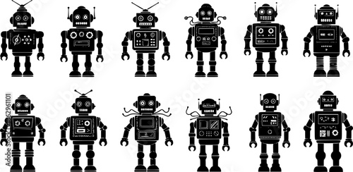 Collection of retro robot icons black silhouettes
