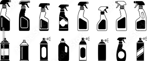 Cleaning spray bottles and aerosol can icons.
