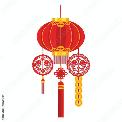 Red Chinese lantern with fish and coins ornaments on white background