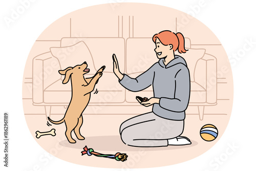 Woman trains dog, sitting on floor near sofa and giving food to puppy after following command. Smart dog stands on two legs, fulfilling requirements of female trainer who enjoys communicating with pet