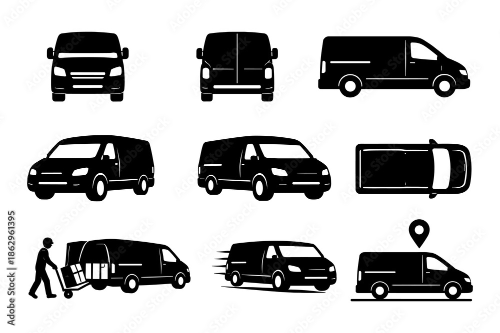 Fototapeta premium Silhouette delivery van set with front, side, and top views