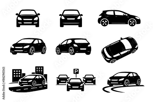 Silhouette cars set: compact vehicle designs in urban settings with parking elements