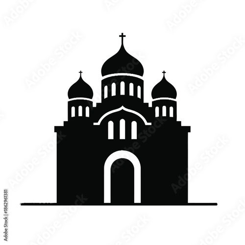 Black silhouette of a church with three domes and a cross