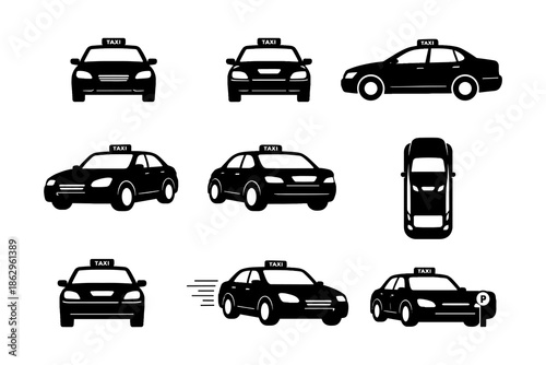 Taxi cab set in black silhouette style featuring multiple angles and views