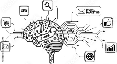 AI Neural Network: Connecting Data Nodes to the Robotic Brain. Digital Marketing.
