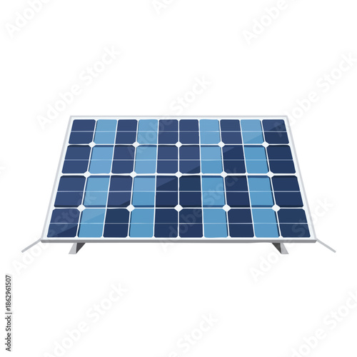 A solar panel with blue and darker blue squares, supported on a white frame