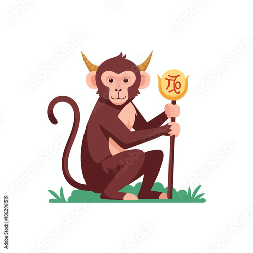 A cartoon monkey wearing horns, holding a staff with a symbol, sitting in grass