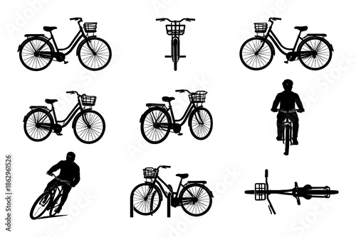 Bicycle silhouettes: urban commuter bikes and cycling poses collection