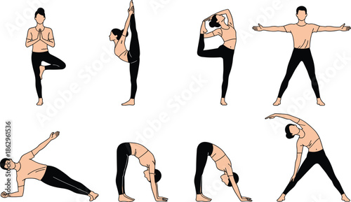 Flat vector illustration of people practicing various yoga poses, diverse men and women stretching for wellness and flexibility isolated on gray background for fitness.