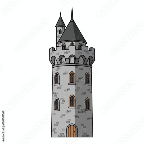 A tall stone tower with conical roofs, windows, battlements, and a small adjoining tower
