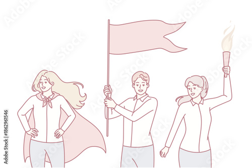 Happy businesspeople with flag and fire celebrate shared business success. Smiling employees striving for win or victory at workplace. Teamwork. Vector illustration.