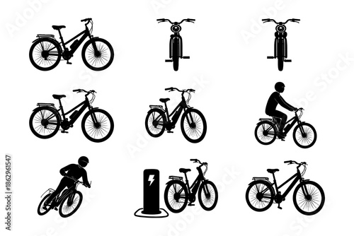 Electric bicycle silhouettes and charging station icons in various poses
