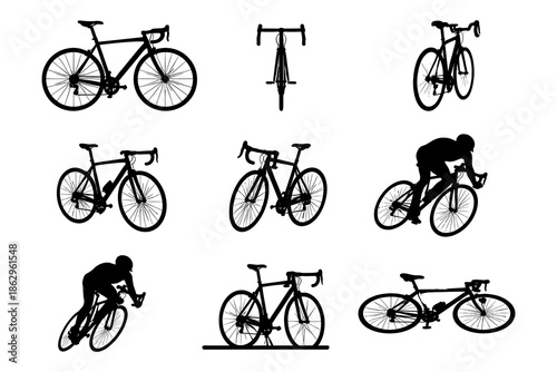 Cycling silhouettes: diverse bicycle and cyclist poses for sport and fitness designs