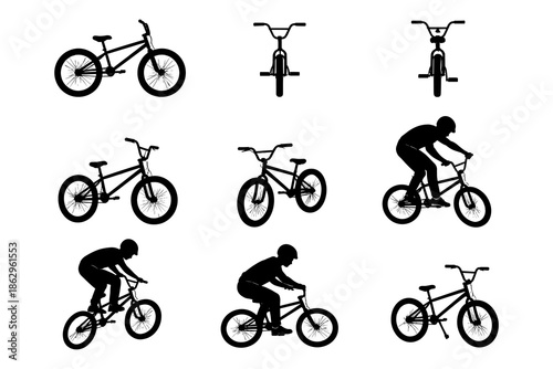 Bmx bike silhouette collection: riders and bikes in various angles and poses