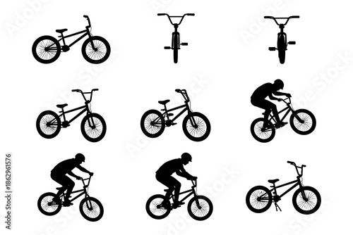 Set of bmx bicycle and rider silhouettes in various poses and angles