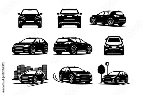 Silhouette set of modern suv cars in various views and urban scenes