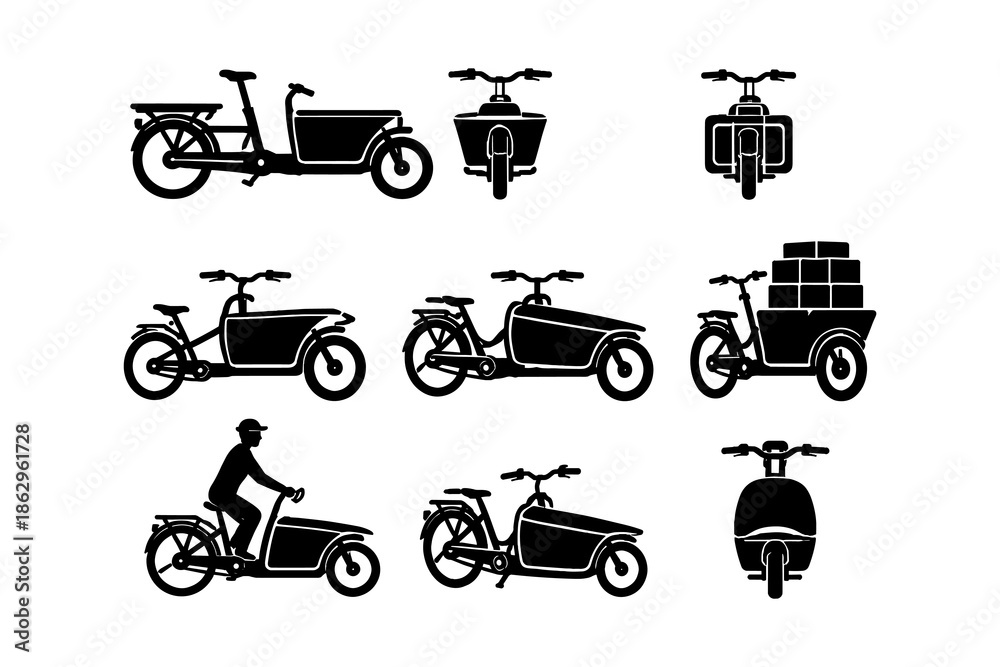 Fototapeta premium Silhouette cargo bikes collection: versatile bicycle designs for urban transport solutions
