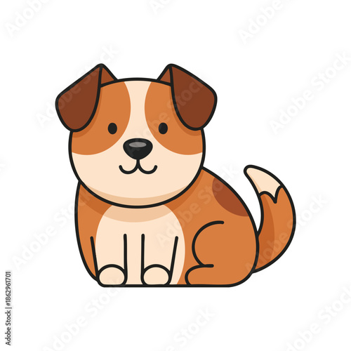 Cartoon dog illustration, brown and white, sitting with tail curled up