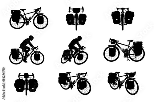 Cyclist and touring bike silhouettes in dynamic positions