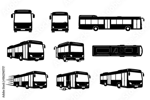 Collection of bus silhouettes featuring various models and views in black and white