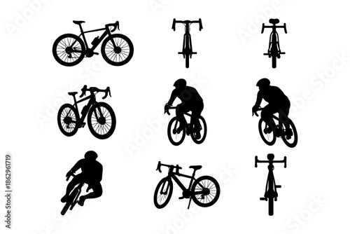 Cyclist silhouettes: dynamic biking poses and bicycle shapes