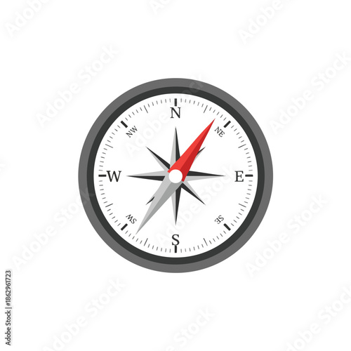 Flat graphic of a compass with directional labels and a red-tipped pointer