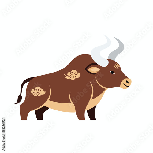 A stylized brown bull with pale horns, decorative cloud accents, on white background