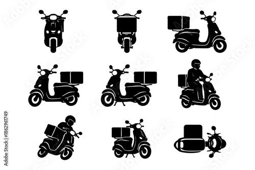 Silhouette set of delivery scooters with riders and packages in various angles