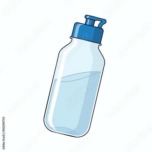 Cartoon illustration of a clear water bottle with a blue lid and a water level