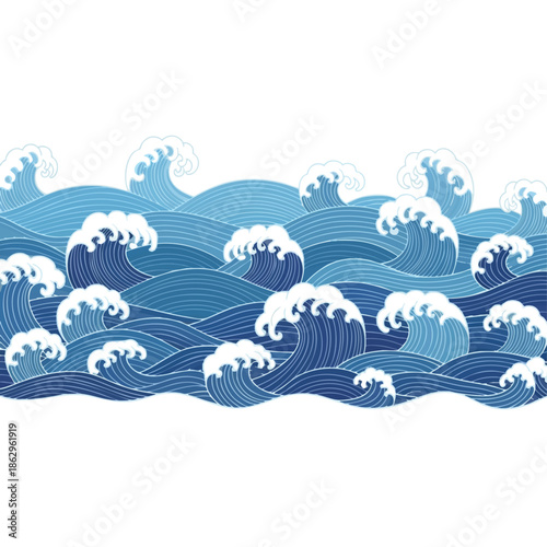 Stylized ocean waves in shades of blue and white, with white background