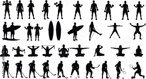 Large collection of black silhouettes showing people exercising, lifting weights, surfing, practicing yoga, and playing hockey, various sports and fitness icons on white background.