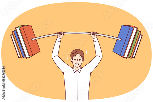 Smart man lifts barbell made of books over head, showing off knowledge gained from educational literature. Guy shows strength by urging to read more books and visit libraries to improve skills.